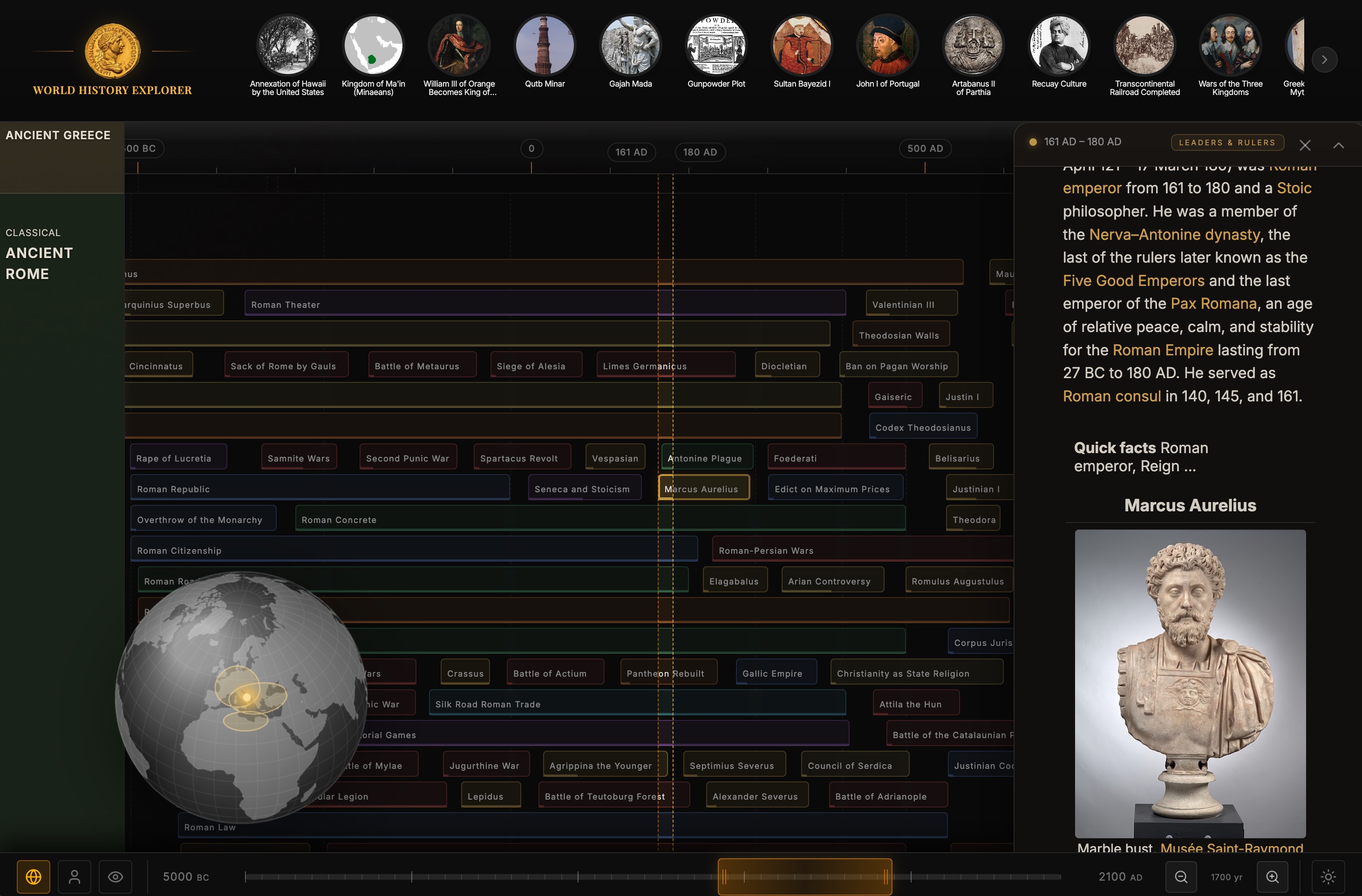 World History Explorer, Globe panel and Wikipedia sidebar